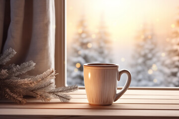 Mug on wood, window view of winter landscape, tree branch, background, copyspace