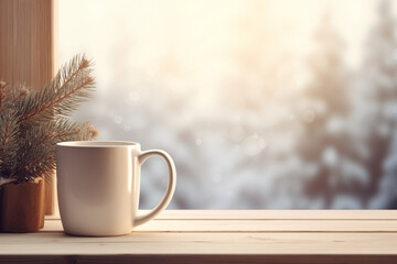 White Mug on wood, window view of winter landscape, tree branch, background, copyspace - mock up