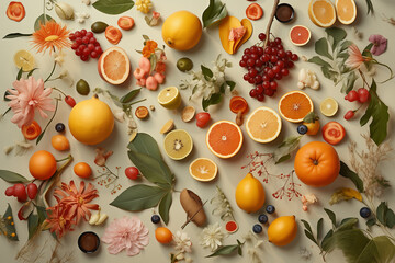 Top view of fruit and flowers pattern composition - colorful background, decor - healthy diet - cirtus, lemon, orange