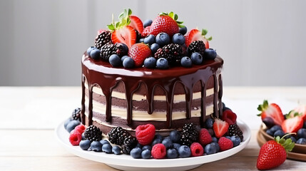 Cake with chocolate decorated with various berries
