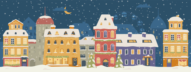Christmas night city street with cute houses flat vector illustration. Winter cityscape with snowy houses with Christmas decorations.