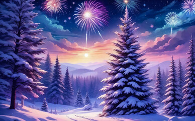 Fantastic winter landscape with festive fireworks. New Year. AI