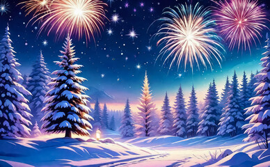 Fantastic winter landscape with festive fireworks. New Year. AI