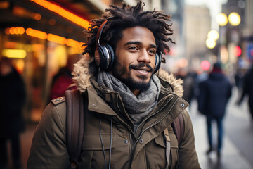 Lifestyle portrait of a young attractive dark skinned man on a city street