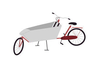 Parent cargo bike with two wheels, box bicycle. Elegant cartoon realistic bakfiets on white background.