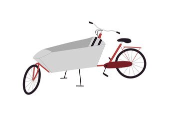 Parent cargo bike with two wheels, box bicycle. Elegant cartoon realistic bakfiets on white background.