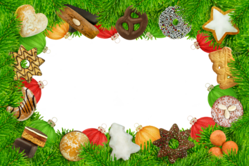 Kekse und Süssigkeiten für Weihnachten mit Tannenzweigen und Weihnachtskugeln    Rahmen Hintergrund transparent PNG cut out