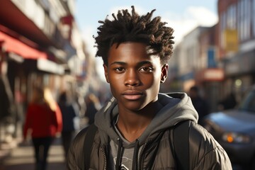 Fototapeta premium Portrait of an Afro American teenager standing on a city street