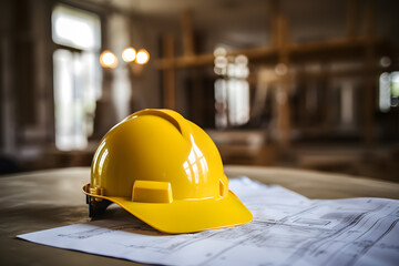 Yellow safety helmet on table with construction plants at work site
