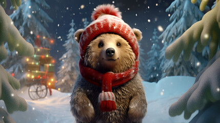 A cute brown grizzly bear cub with a Christmas red scarfed hat against the backdrop of a fabulous snowy forest with copy space. Cartoon illustration 3d. Christmas card.