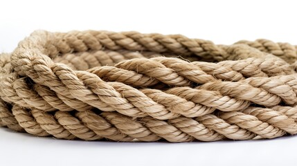 Close-up view of a thick, sturdy rope made of natural fibers like hemp or jute. The earthy tone and visible individual strands create an intricate woven pattern. Bright lighting and sharp shadows - Powered by Adobe
