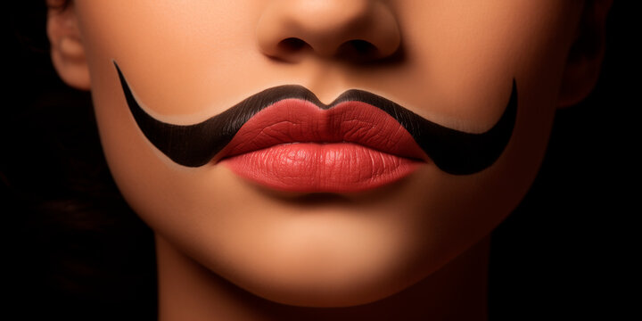 a woman made a fake mustache out of paint on her lips, in the style of graflex speed graphic, masculine, solid color background. movember concept