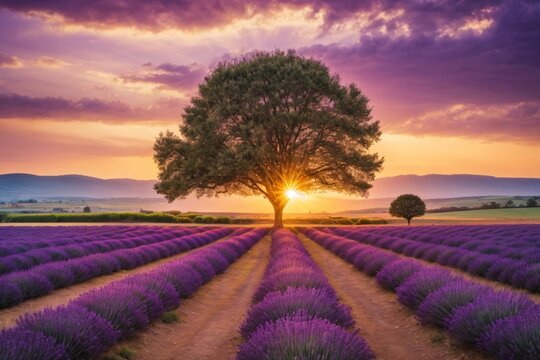 Beautiful image of lavender field summer sunset landscape with single tree on horizon with sunburst. Generative Ai.