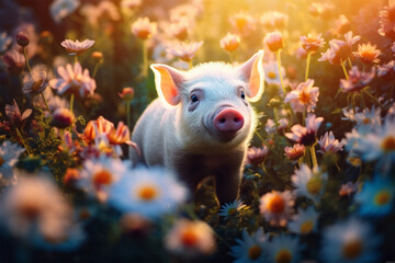 view of a pig among colorful flowers - obrazy, fototapety, plakaty