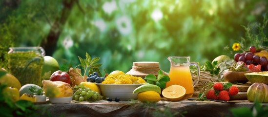 In the background of a picturesque nature setting a table was set with healthy food options like fresh fruits and vegetables accompanied by a glass of refreshing green tea infused with lemon