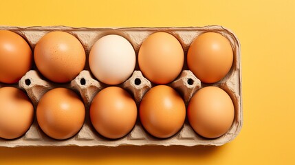 Chicken eggs in a carton box on yellow background, top view
