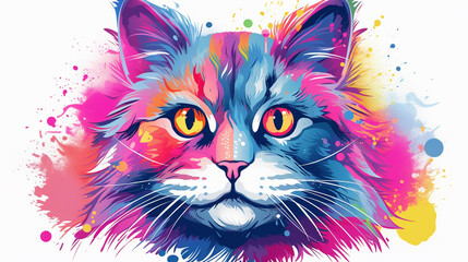 Cute cat head colorful white t shirt design rainbow illustration picture AI generated art - obrazy, fototapety, plakaty