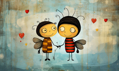 a cartoon of cute couples bee in love