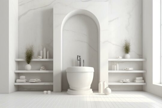 White podium for bathing products in bathroom, spa, shower, soap. Generative AI
