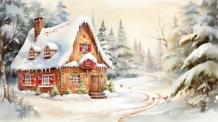 Watercolor image of gingerbread house