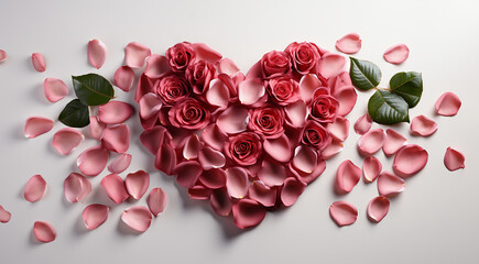 Romantic Valentine background, pink,red rose petals. Valentines Day Heart Made of Red Roses Isolated on White Background.