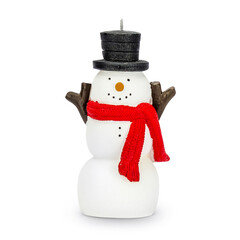 Adorable snowman candle, black hat, red nose and scarf, isolated