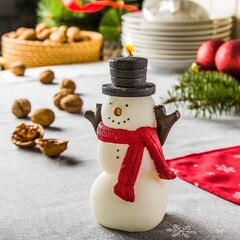 Adorable snowman candle, black hat, red nose and scarf placed on christmas table, nuts in background