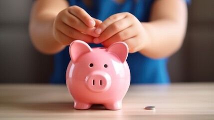Piggy bank on table with Child learns to saving money for A prosperous future. Saving money concept. - obrazy, fototapety, plakaty