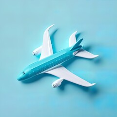 top view air plane on blue background. Creative minimal concept. 3d rendering landing blurred effective background passenger transporter modern boeing airline aircraft jet toy Generative AI 