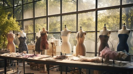 Interior of fashion designer studio room with various sewing items, fabrics and mannequins standing.