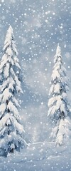 Obraz premium Picturesque winter landscape of snowy valley covered by coniferous woods at sunset
