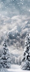 Fototapeta premium Picturesque winter landscape of snowy valley covered by coniferous woods at sunset
