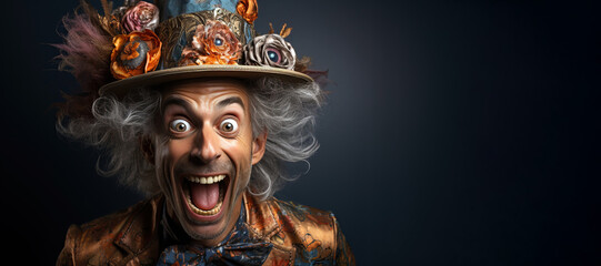 surprised happy funny man sorcerer wizard magician in a hat with an open mouth on a background with a space to copy
