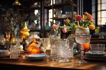 Fototapeta premium Dining room in trendy style. Modern and vintage furniture accompany each other, colorful dishes and rustic chic - maximalism is in full swing.