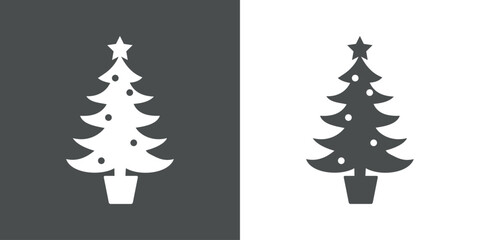 Tiempo de Navidad. Logo con silueta de árbol de navidad con estrella y bolas de navidad tipo pino o abeto en tiesto para su uso en invitaciones y felicitaciones - obrazy, fototapety, plakaty