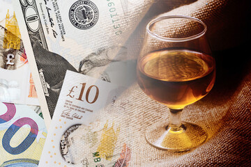 Alcohol price background. Whisky excise. Increasing high alcohol tax. British pound, euro and...