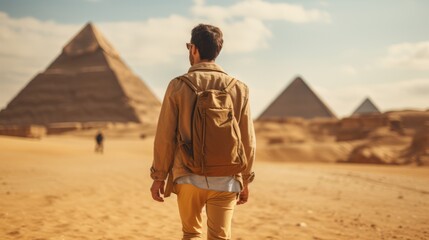 traveller explore backpacker take a survey at ancient heritage architecture structure in a desert sand dune background travel in Egypt - obrazy, fototapety, plakaty