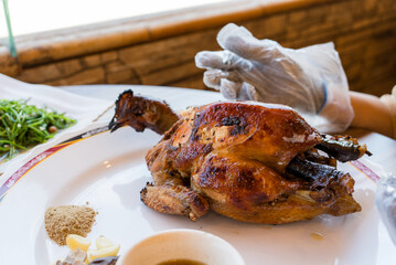 Grill whole chicken in the restaurant