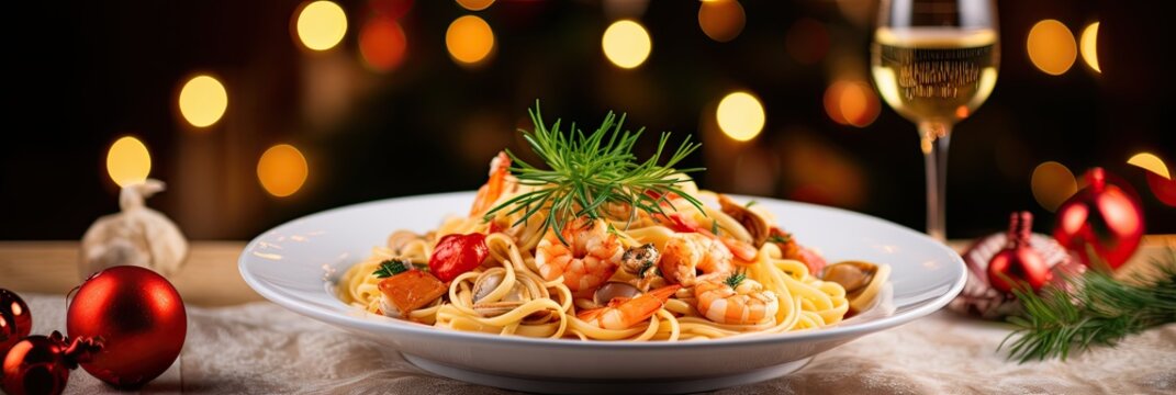 Pasta With Seafood On A Christmas Background. Feast Of The Seven Fishes.