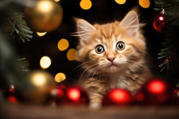 cat in decorated christmas tree. New year concept. Generative AI