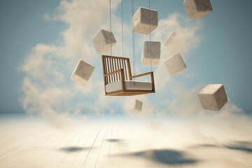 Abstract chair suspended in mid-air against a simple backdrop - computer-generated imagery. Generative AI
