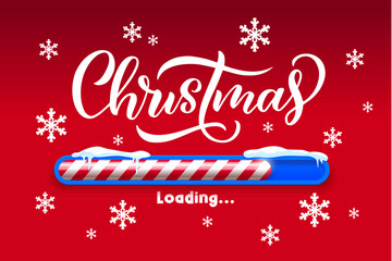 Christmas loading bar with candy cane slider, snowdrifts and falling snowflakes. Holiday vector Xmas or New Year load countdown on red background. Winter eve coming soon greeting card or web design