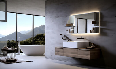 Minimalist interior design of modern bathroom with white bathtub and greenery. - obrazy, fototapety, plakaty