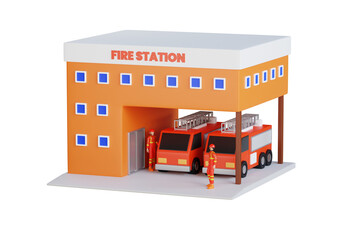 Fire station building 3d illustration. Fire station building exterior with fire engine trucks.  emergency fire truck 3d illustration