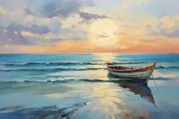 Foto op Canvas An Oil Painting Style Illustration of a Classic Land Sea Scape Artwork Featuring Fishing Boat Trawler in Post Impressionist Style With Soft Brushstrokes Stunning Vista Sunset Sunrise Europe © James