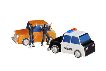 3d illustration of policeman officer arrest criminal driver on the road. Traffic police officers chasing criminal in a car on the city highway