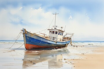 Fototapeta premium Fishing Boat Trawler Oil Painting Land Sea Scape Artwork Post Impressionist Style With Soft Brushstrokes Stunning Vista Sunset Sunrise Europe Style Illustration Classic masterpiece artist art