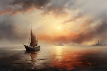 An Oil Painting Style Illustration of a Classic Land Sea Scape Artwork Featuring Fishing Boat Trawler in Post Impressionist Style With Soft Brushstrokes Stunning Vista Sunset Sunrise Europe - obrazy, fototapety, plakaty