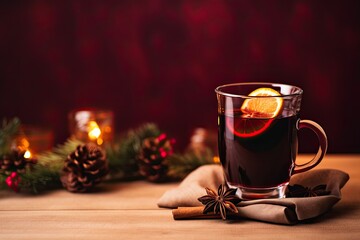 Mulled wine, richly colored red wine brewed with spices. - obrazy, fototapety, plakaty