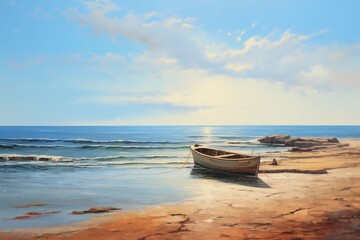 Obraz premium Fishing Boat Trawler Oil Painting Land Sea Scape Artwork Post Impressionist Style With Soft Brushstrokes Stunning Vista Sunset Sunrise Europe Style Illustration Classic masterpiece artist art